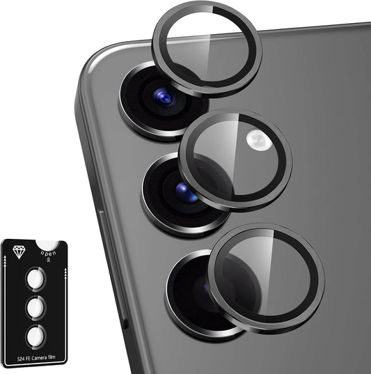 for Samsung Galaxy S24 FE Camera Lens Protector, Individual Metal Ring Tempered Glass Lens Cover, [Strong Adsorption] Scratch Resistant Ultra-Thin HD Clear Lens Cover, 1 Set-Black