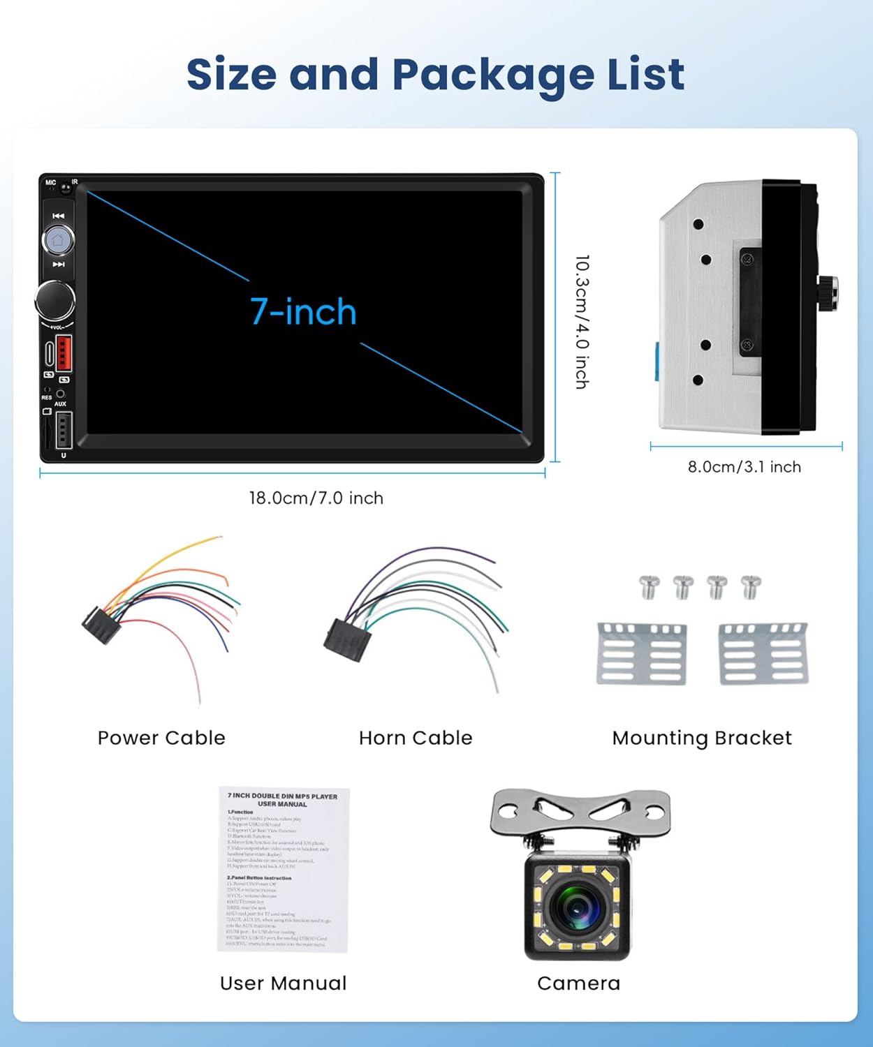 2 DIN Car Stereo Wireless Carplay&Android Auto, USB-C Head Unit 7” Touch Screen Car Radio Volume Knob Bluetooth EQ FM Mirror Link Double USB-A TF +Rearview Camera