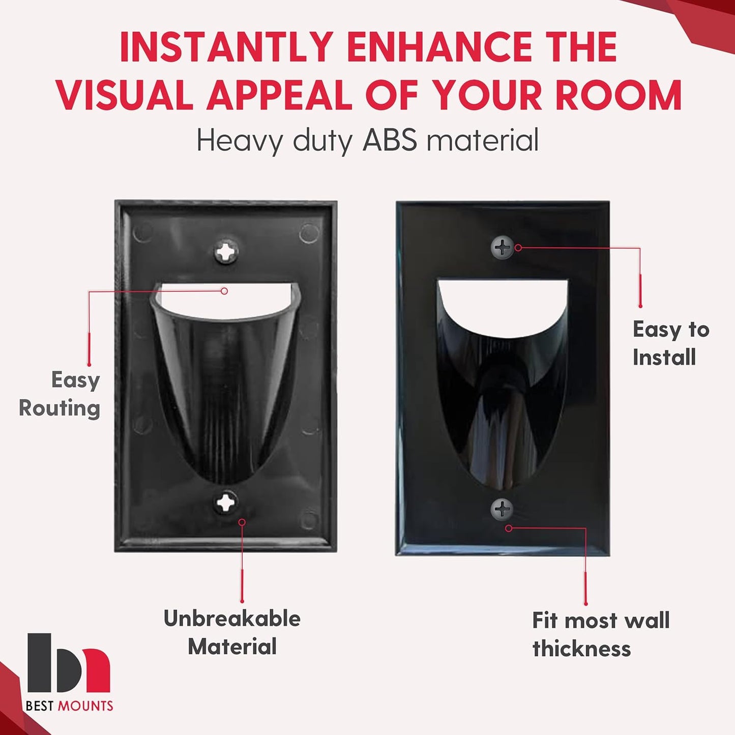 BestMounts - 1 Pack In Wall Cable Management Kit - Recessed Wall Plate Cable Pass Through Pair with Single Gang Low Voltage Mounting Bracket - TV Cord Hider for Wall Mounted TV ETL Listed