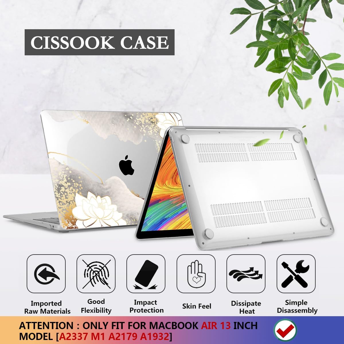 CISSOOK Compatible with MacBook Air 13 inch Case 2021 2020 2019 2018 2022 Release Model: M1 A2337 A2179 A1932, Floral Hard Shell Case Cover for MacBook Air 13 inch with Retina Display and Touch ID