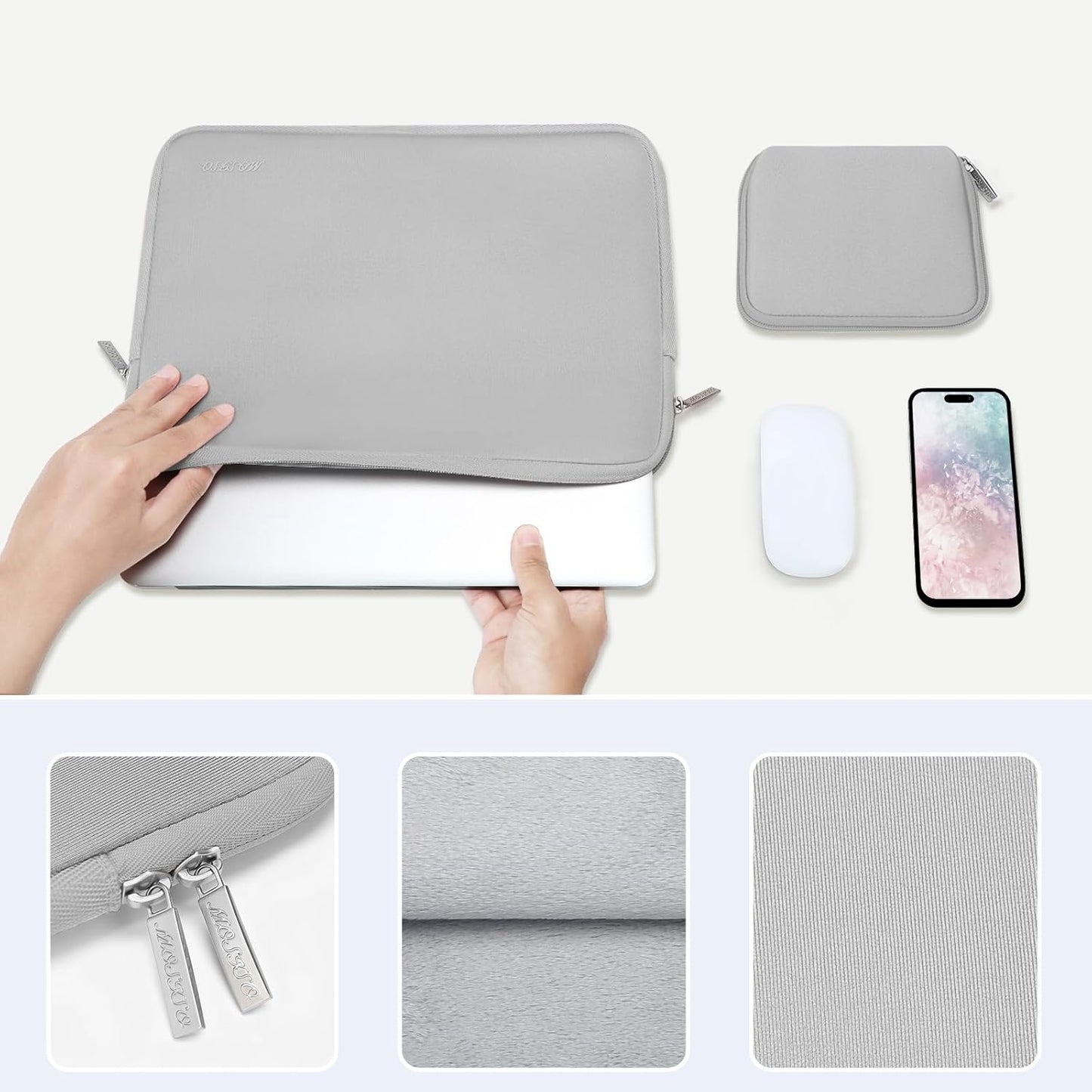 MOSISO Laptop Case 13.3 inch, 13-13.3 inch Laptop Sleeve Bag Compatible with MacBook Air/Pro 13 / Pro 14, HP Dell ASUS Lenovo Notebook, Neoprene Computer Sleeve Bag with Small Case, Light Gray