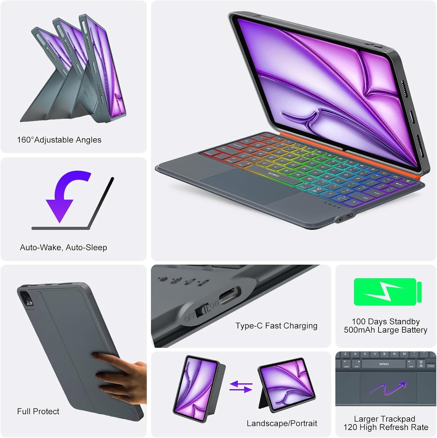 iPad Air 13 inch Case Keyboard (M3 M2, 2025 2024),Wireless iPad Keyboard for Pro 12.9 inch 6/5/4/3rd Gen,Magnetic Detachable with Trackpad,7-Color Backlit,Landscape/Portrait,Adjustable Stand (Gray)