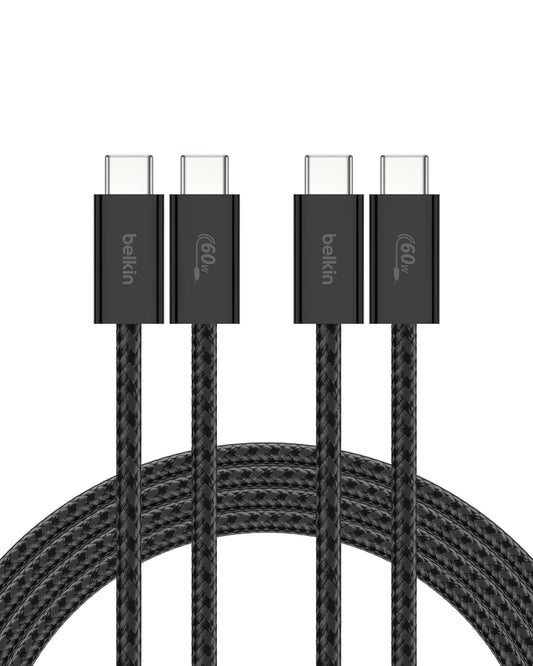 Belkin USB C to USB C Cable 2-Pack, 6.6ft, 60W - Type C Charger, iPhone Charger Cord, Soft, Braided, Flexible for iPhone 16, Galaxy S25, Pixel 9, Airpods, iPad Pro & More, Travel Essentials - Black