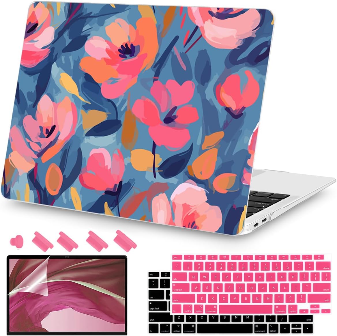 Teryeefi Compatible with M1 MacBook Air 13 inch Case 2021 2020 2019 2018 Release A2337 A2179 A1932 with Touch ID, Protective Plastic Hard Shell Case + Keyboard Cover - W-Abstract Pink Flower