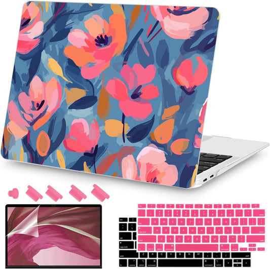 Teryeefi Compatible with M1 MacBook Air 13 inch Case 2021 2020 2019 2018 Release A2337 A2179 A1932 with Touch ID, Protective Plastic Hard Shell Case + Keyboard Cover - W-Abstract Pink Flower