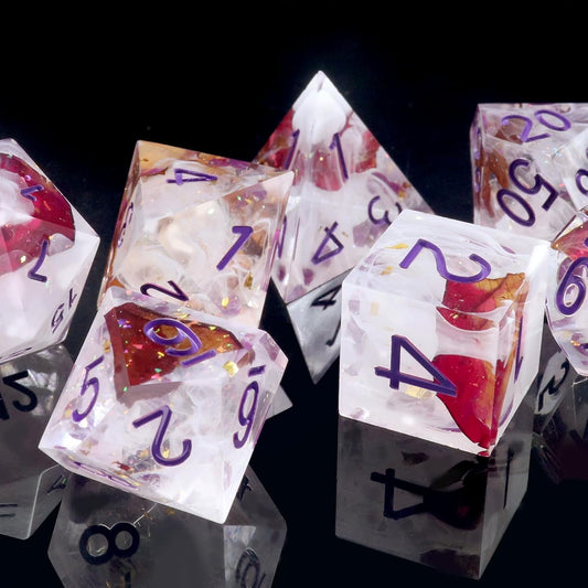 Haxtec DND Dice Set Rose Flower Sharp Edge Dice with Dice Case Handmade White Red Resin D&D Dice Set Purple Numbers for TTRPGs Compatible with Dungeons and Dragons Gifts