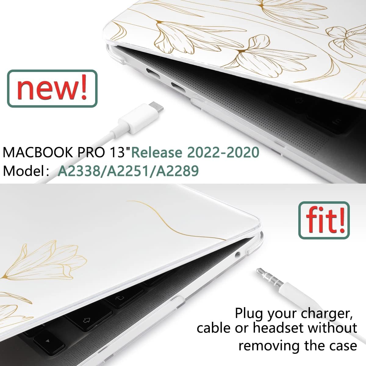 TWOLSKOO Compatible with MacBook Pro 13 inch Case 2022 2021 2020-2016 A2338 M2/M1 A2251 A2289 A2159 A1989 A1706, Plastic Hard Shell Cover & Keyboard Skin & Screen Protector, Gold Florals