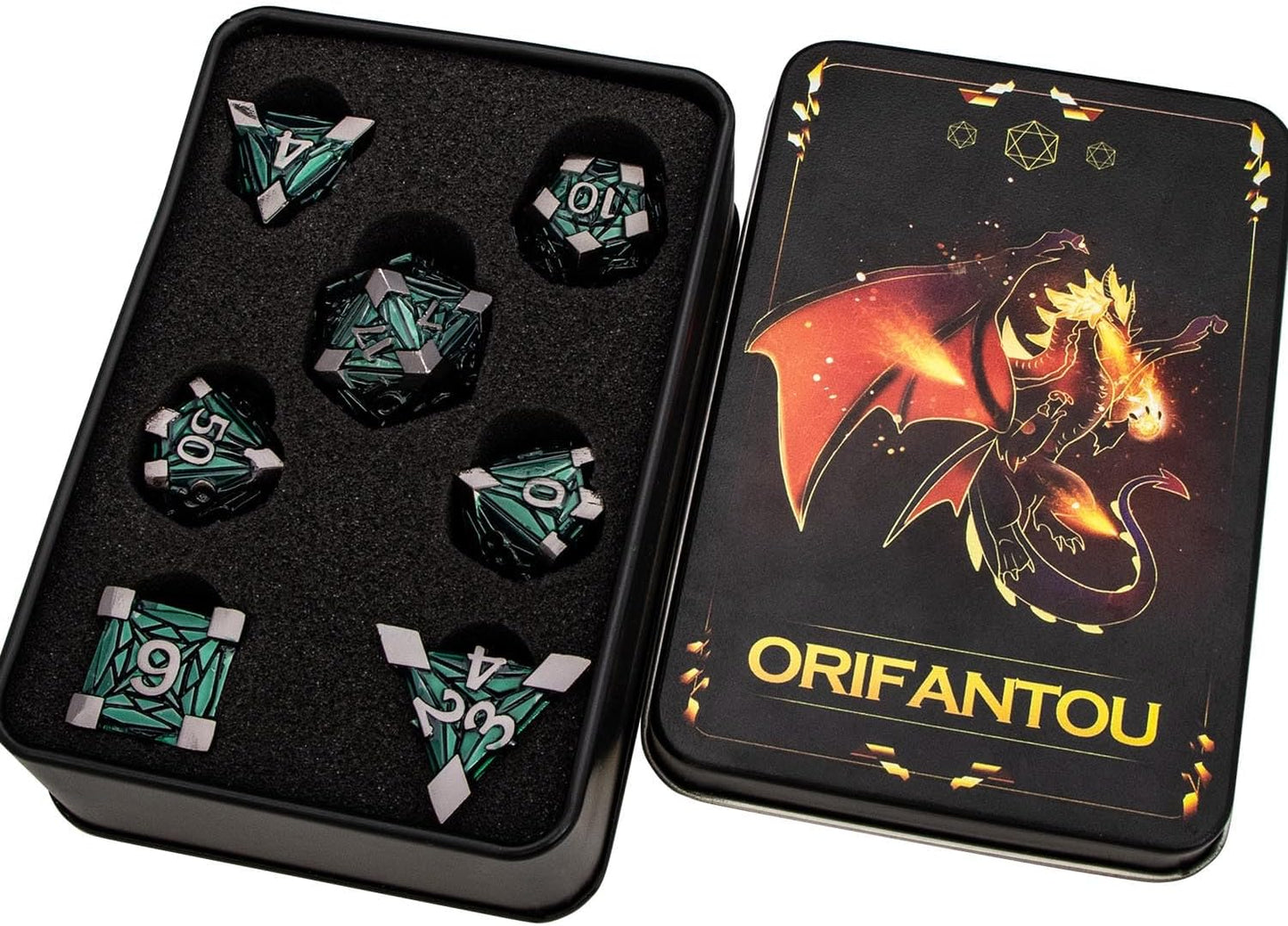 7PCS Metal DND Dice Set with Box, Debris RPG Green D and D Dice for use with D&D Tabletop Games Role Playing Game Polyhedral Dice Set D20 D12 D10 D8 D6 D4