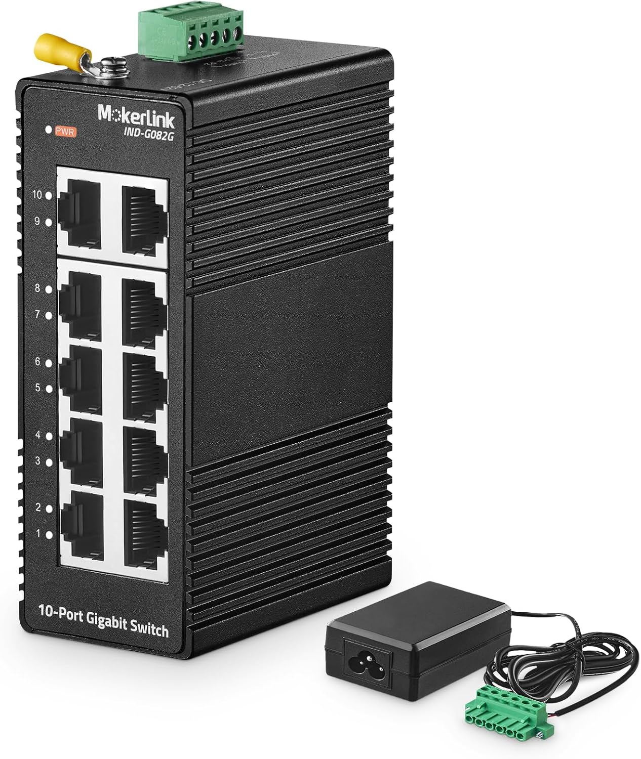 MokerLink 10 Port Gigabit Industrial DIN-Rail Ethernet Switch, Unmanaged IP40 Network Switch (-40 to 185°F), Mini Size, with Power Supply