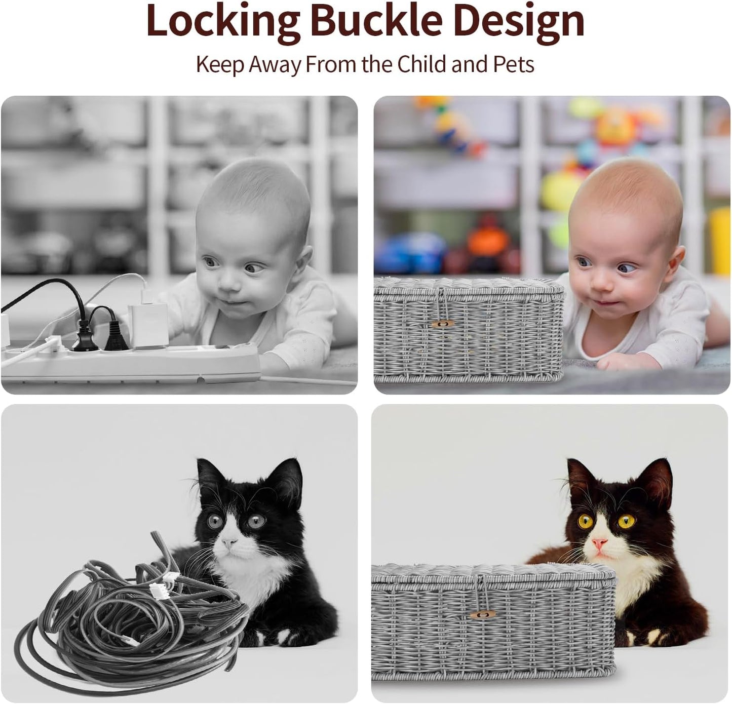 Cable Management Box, Woven Rattan Cord Hider With Lid & Button Lock, Floor Cord Holder for Power Strip USB Hub, Boho Desk Wicker Wires Storage Cable Organizer Box(grey)