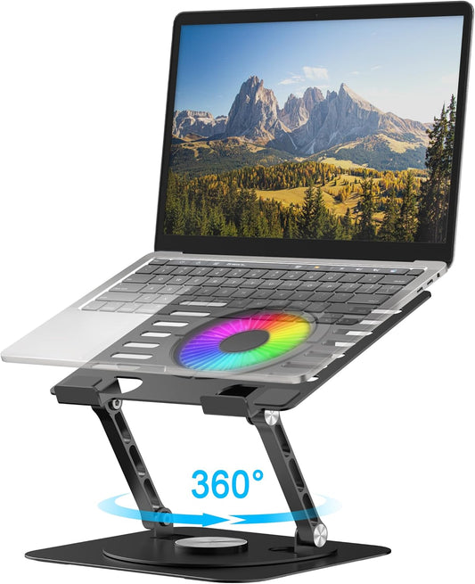 Laptop Stand,with 360°Rotating Base,External Cooling Fan,Adjustable RGB Lighting,Ergonomic Foldable Notebook Computer Holder.Compatible with All 10-17" Laptops Tablets,Black