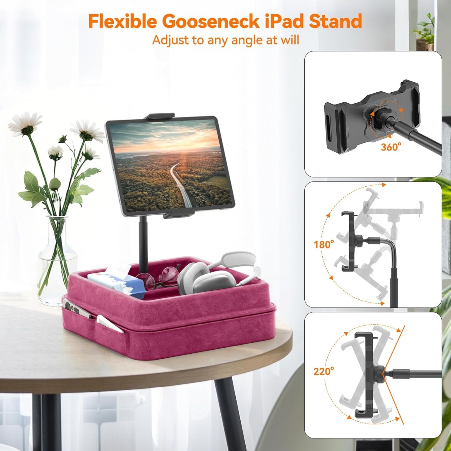 KDD Tablet Pillow Holder - 360°Adjustable iPad Pillow Stand for Lap, Bed and Desk - Gooseneck Tablet Soft Pad Dock with Storage Tray and Pocket Compatible with iPad Pro 12.9, Air Mini, Phone,(Purple)