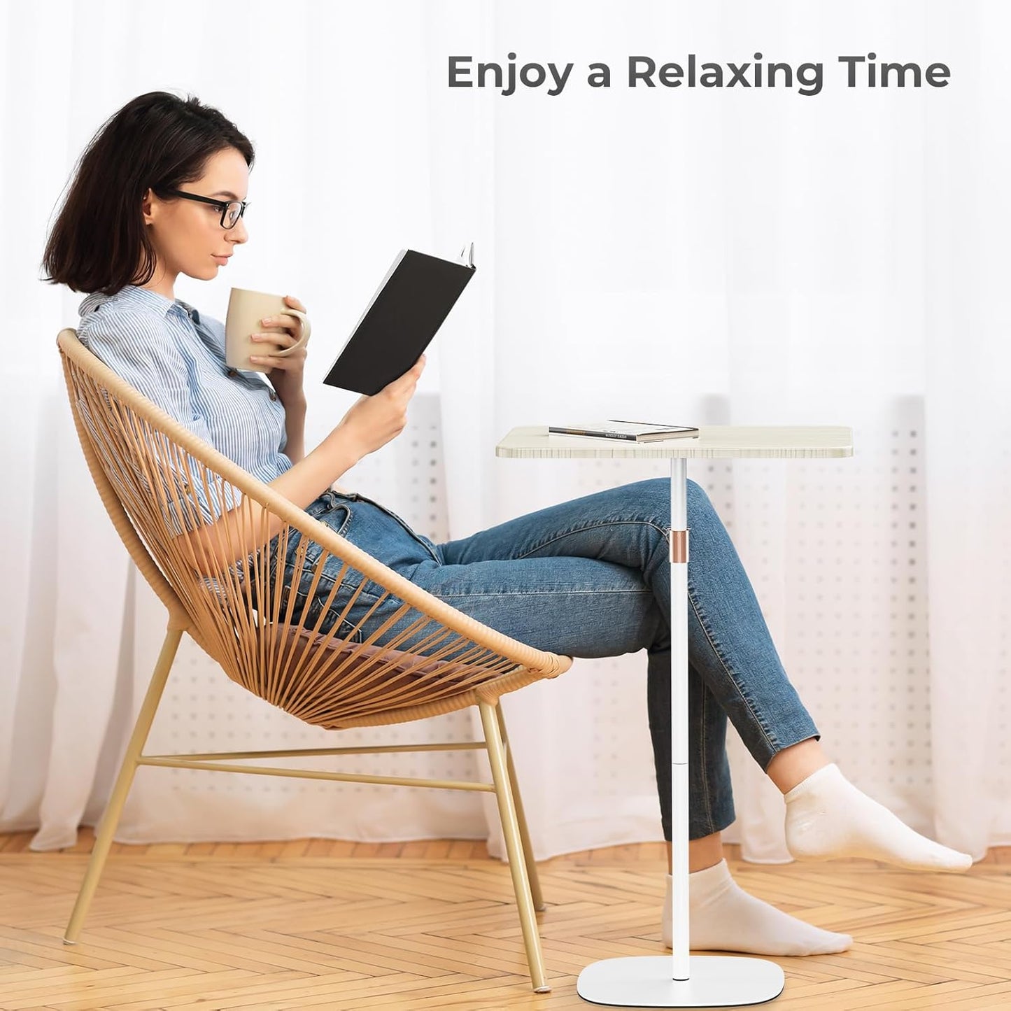 Portable Laptop Floor Stand, Bedside/Sofa Table with Height Adjustable 18''~48'', Sleek Wooden Lectern Standing Desk Mobile Podium for Home, Office, School, White