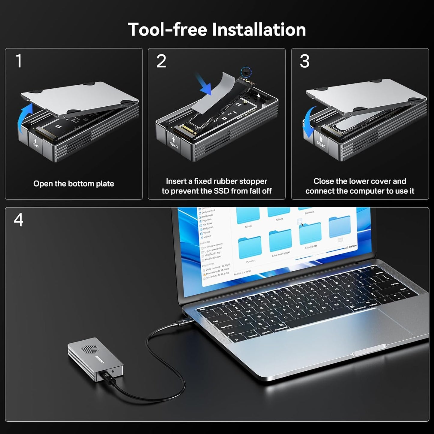 ANYOYO 40Gbps M.2 NVMe SSD Enclosure with Cooling Fan for M1 M2 Pro/Max,M.2 NVMe Enclosure Compatible with Thunderbolt 3/4/5/USB4/3.2/3.1 Support M/B+M Key Size 2230/2242/2260/2280 up to 2700 MB/s