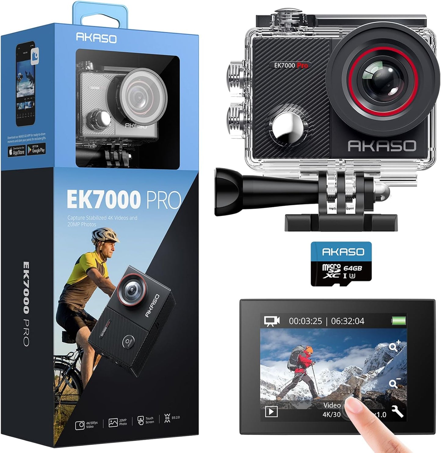 AKASO EK7000 Pro 4K30fps Action Camera with 64GB MicroSDXC U3 Memory Card Accessories Kit Bundle Ultra HD 131FT Waterproof Camera EIS WiFi Remote Control 5X Zoom Underwater Camera