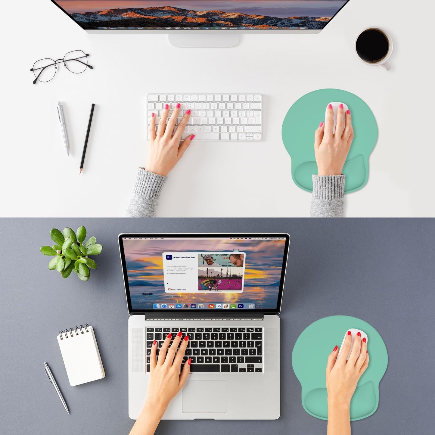 ITNRSIIET Ergonomic Mouse Pad with Wider Memory Foam Wrist Rest +17%, Curved Cushion Reduces Pressure 20%, Pain Relief, Non-Slip, Smooth, Cute Color Desk Accessory, 9.85 x 9 inch, Mint Green