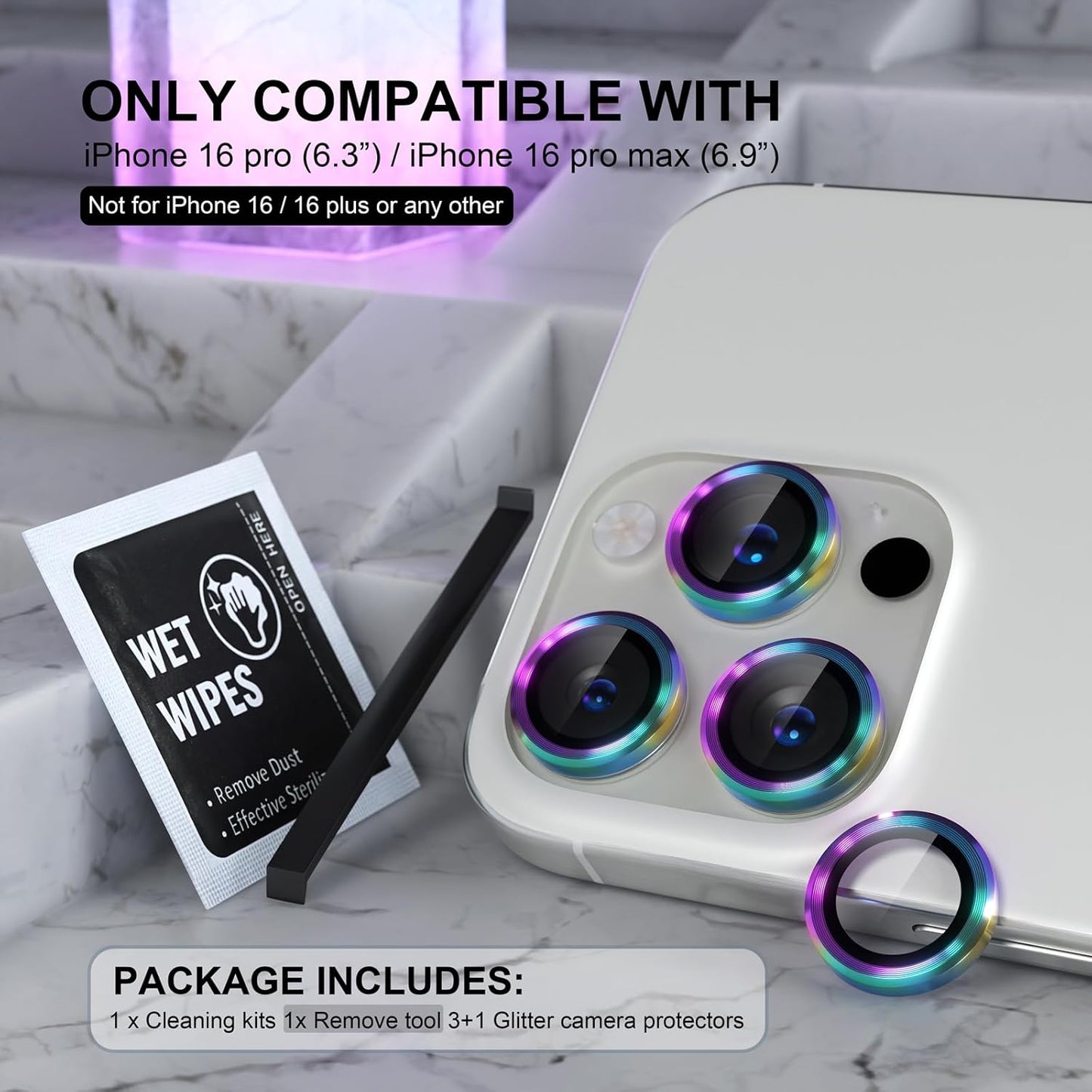 Choiche Compatible for iPhone 16 Pro/iPhone 16 Pro Max Camera Lens Protector, 9H Tempered Glass Camera Cover Screen Protector Metal Ring Decoration Accessories (Colorful)