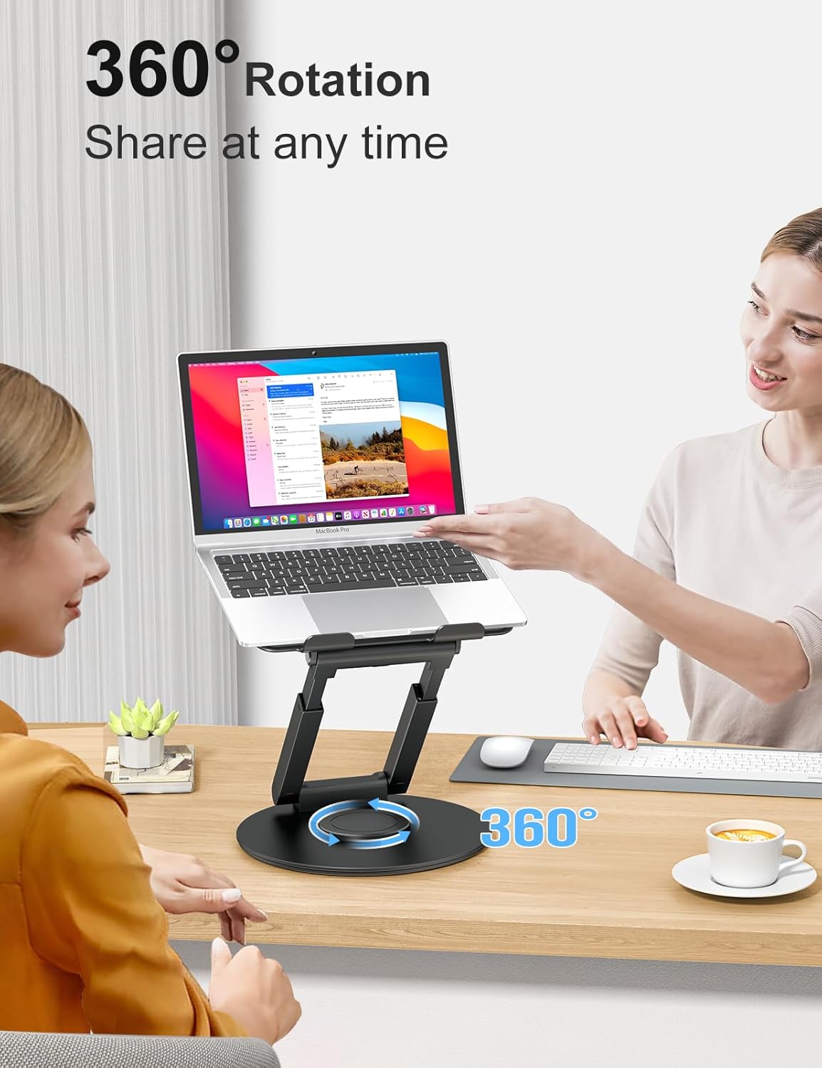 tounee Telescopic Laptop Stand for Desk with 360° Swivel Base, Sit to Stand, Height Adjustable, Portable Riser Holder for Good Posture, Compatible with MacBook Pro, All Laptops 10-17" - Black