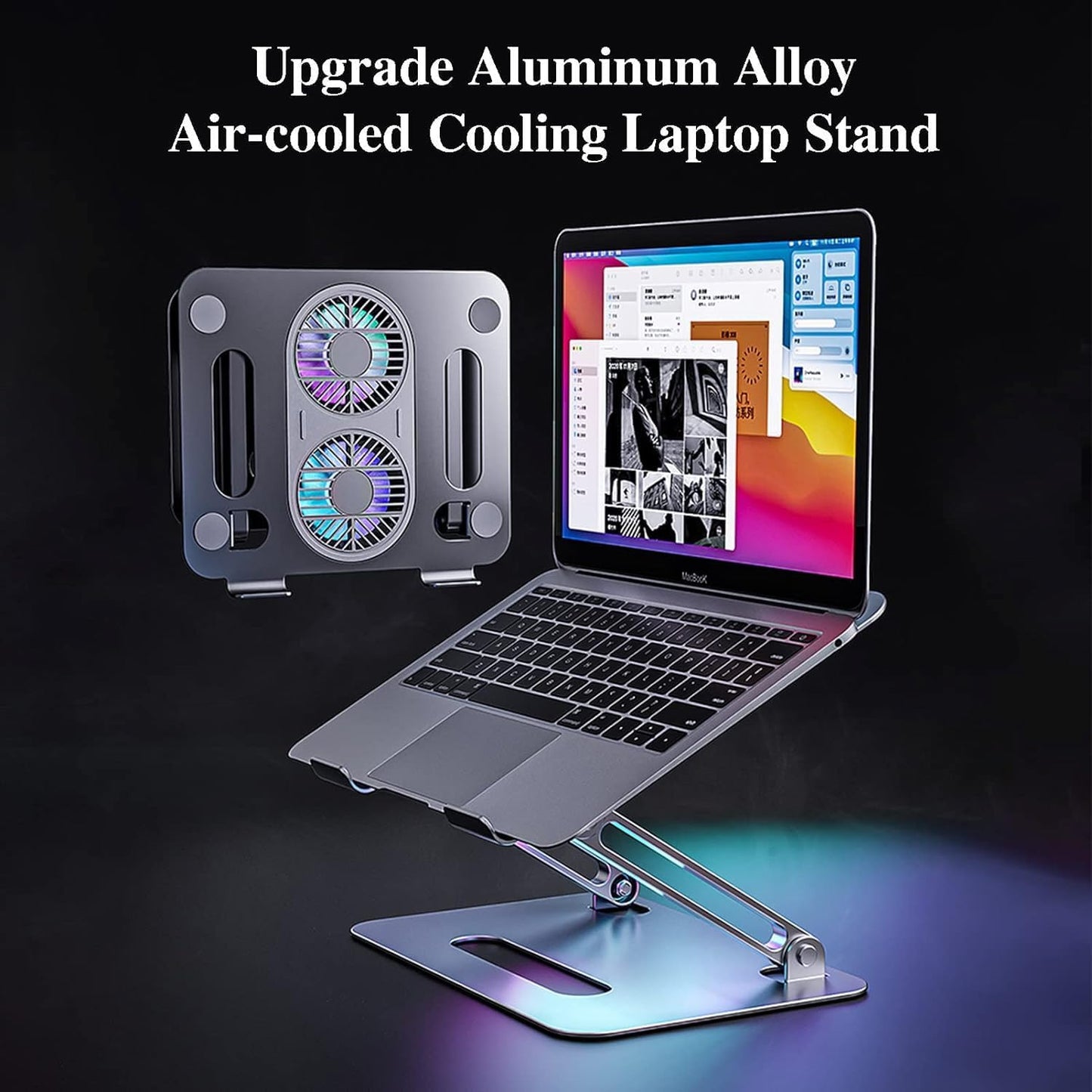Adjustable Laptop Stand with Cooling Fan, Aluminium Alloy Multi-Angle Computer Holder for Desk, Portable Notebook Metal Mount All Laptops 11"-17.3"-Grey