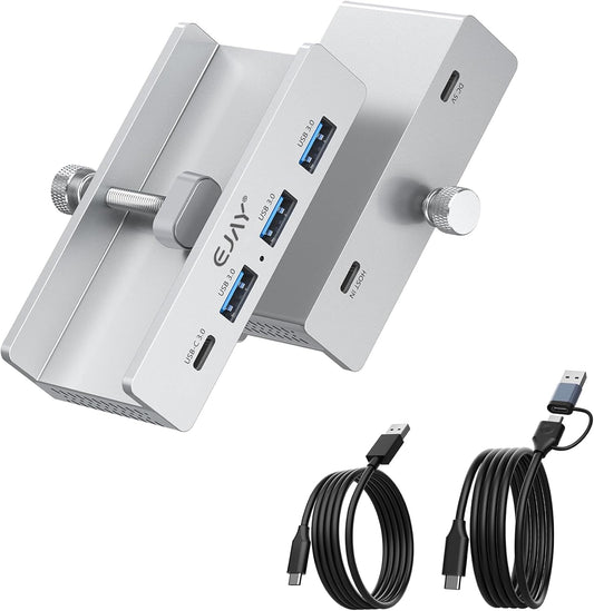 EJAY Mountable 4Ports USB3.0 HUB Alu Desktop Clamp Type C USB3.0 Splitter for Desk/Monitors with Extra Power Supply Port,59inches Data & 39inches Power Cables-5Gbps (JK-3A1C-SV)
