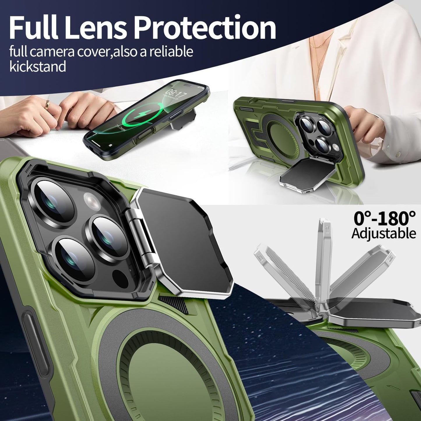 Camera Stand Case for iPhone 16 Pro, [Compatible with Mag Safe] [Lens Cover] 2024 Version Military Grade Protective Soft Case for iPhone 16 Pro 6.3 inch Men Women, Green