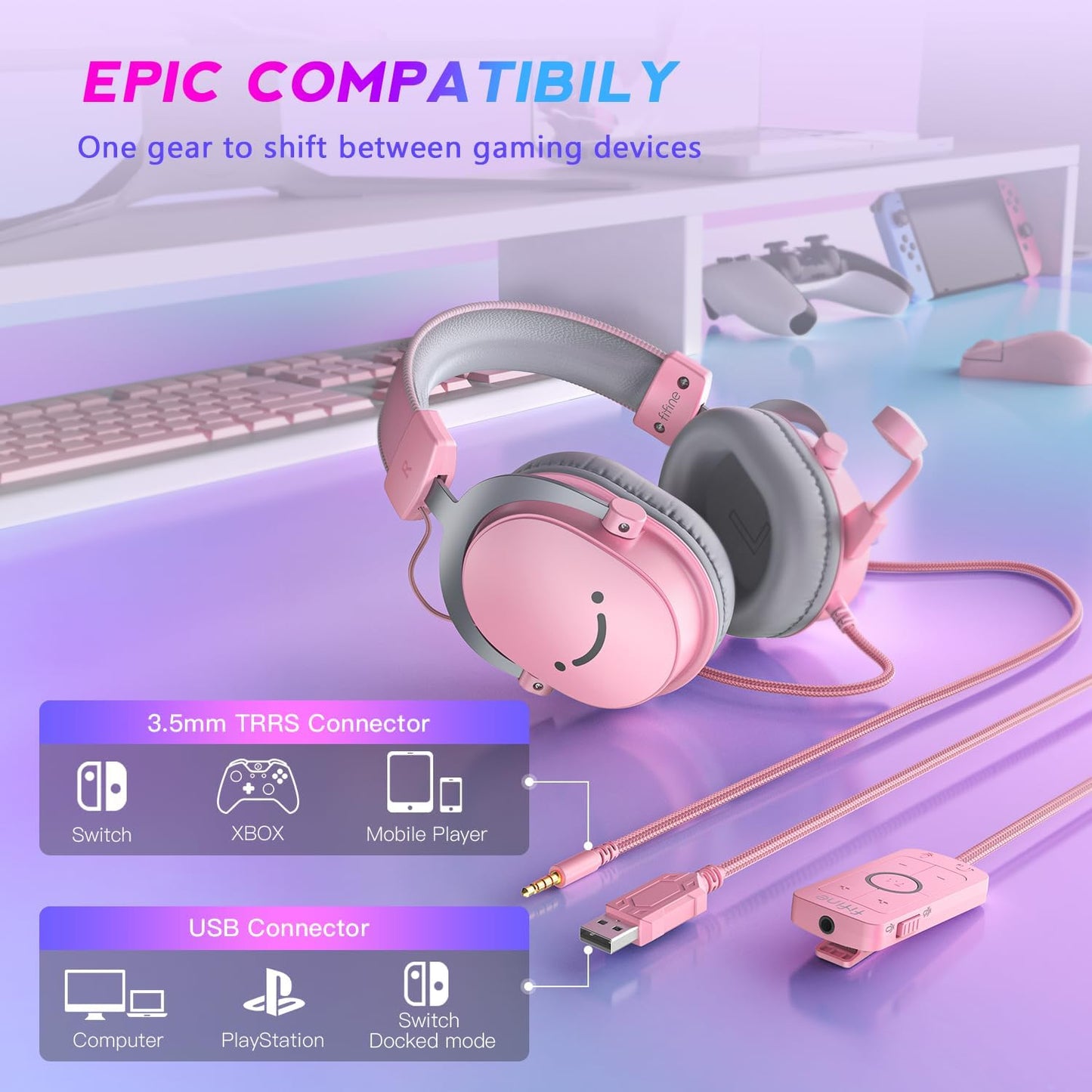FIFINE USB Gaming Headset, PC Over-Ear Wired Streaming Headset with 3.5mm Jack, Detachable Microphone, 7.1 Surround Sound, Control Box, Passive Noise Cancellation, for PS5/Xbox/Switch-H9 Pink