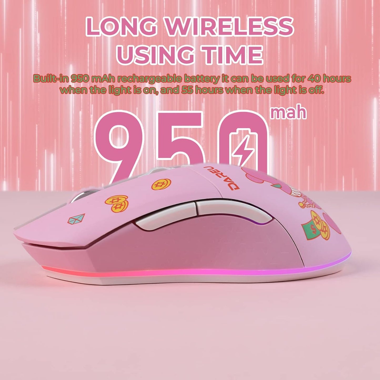 DAREU Pink Wireless Wired Gaming Mouse, Dual-Mode Rechargeable 7 Programmable Buttons,10K DPI,RGB and 7 Adjustable DPI Levels up to [150IPS] [1000Hz] for PC Notebook Mac(Lucky Bear)