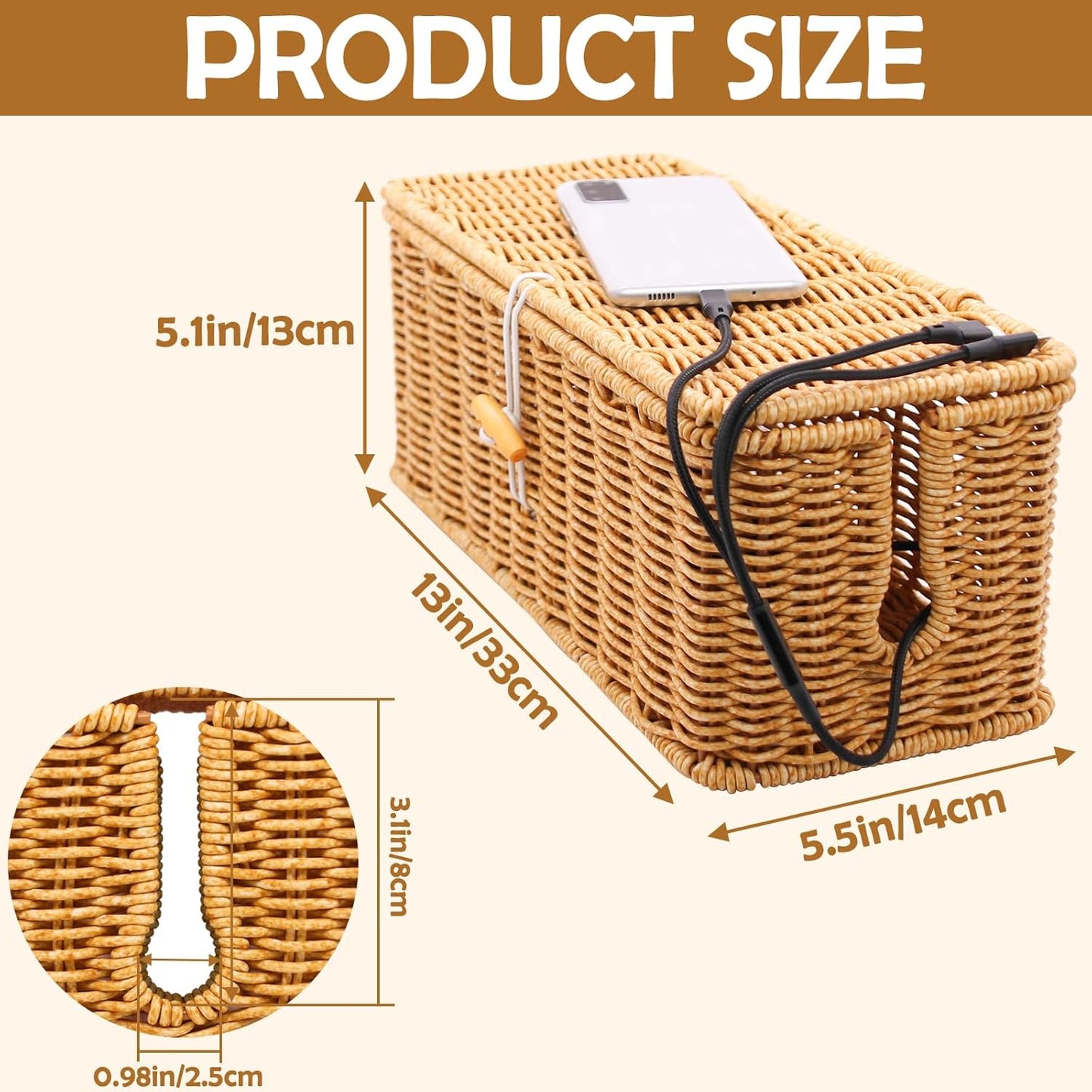Cable Management Box, Handmade Imitation Rattan Cord Cable Organizer, Cable Raceway Open Slots Cords Hider Box for Computer Router USB Hub & Power Strip