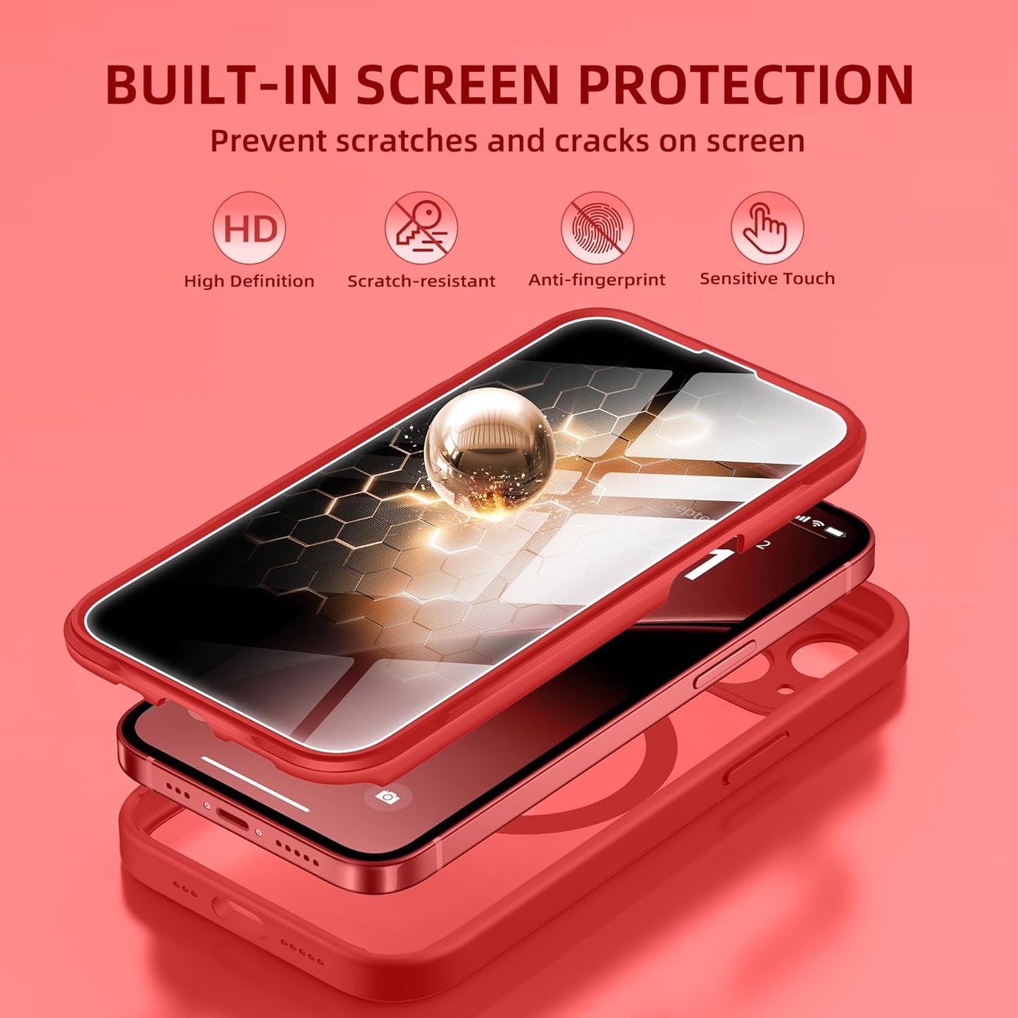BERFY Magnetic for iPhone 14 Case, Compatible with MagSafe, Built-in Privacy Screen Protector and Upgraded Camera Protection, Anti-Spy Full Body Shockproof Phone Case for 14 6.1", Red