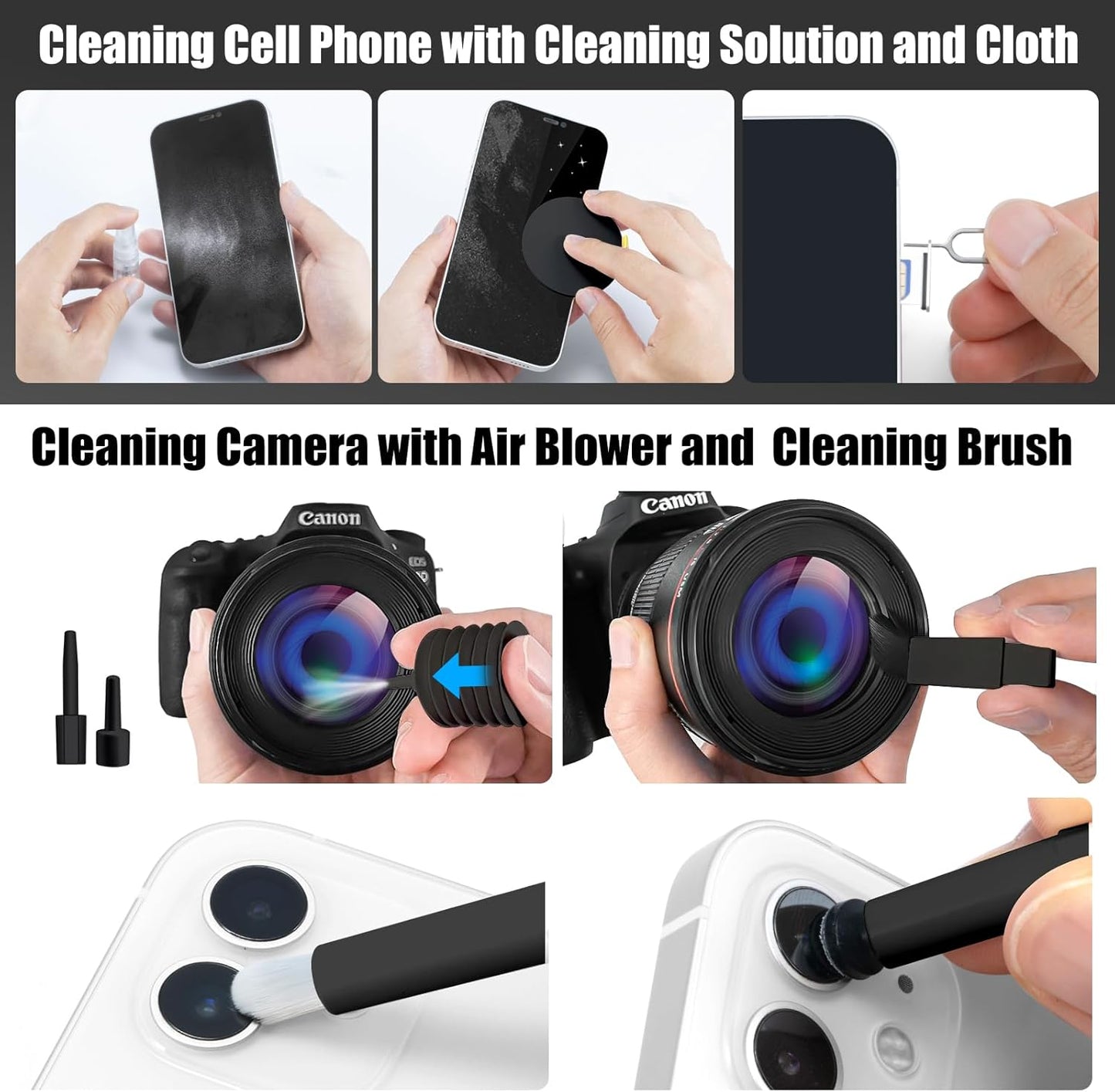 walrfid 2 Pack Laptop Phone Screen Cleaner Kit, Computer Keyboard Brush Cleaning Spray for iPhone AirPods MacBook iPad, 20-in-1 Electronic Device Tool for Camera Earbud TV Car Screens, Black White