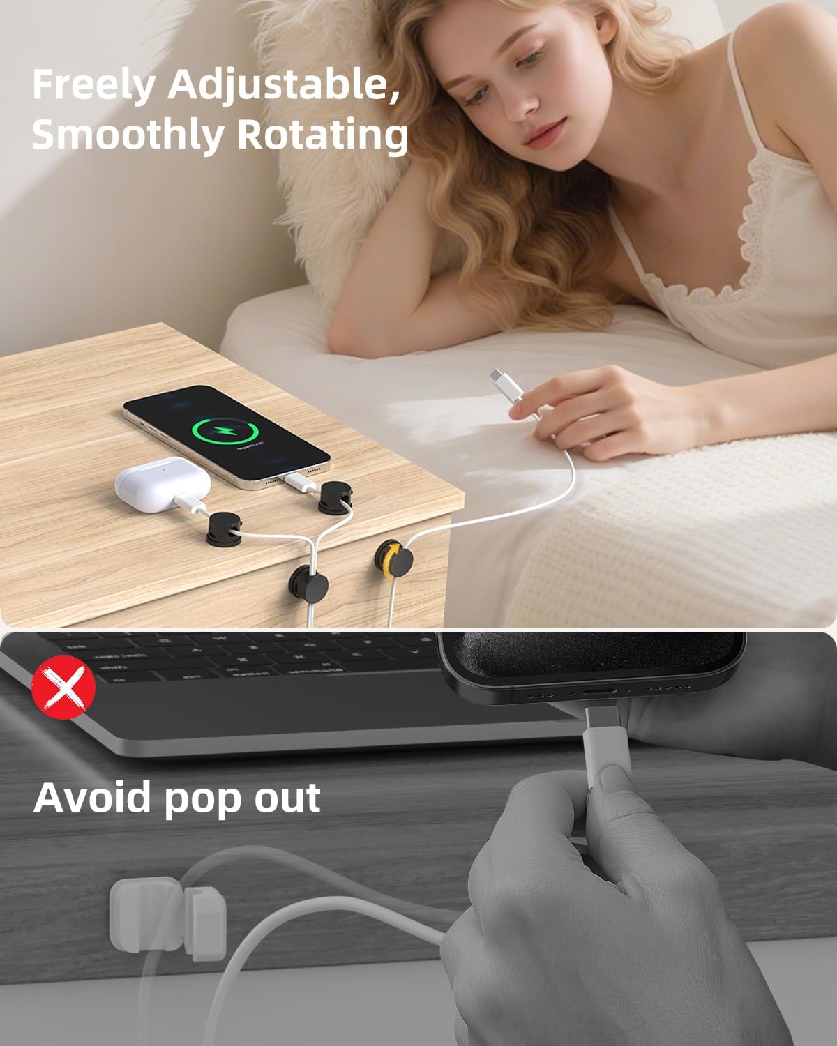 Cord Organizer, Rotatable Cable Organizer 8 Pack, No-Residue Adhesive Spring Cable Clips, Cord Holder for Nightstand, Kitchen, Office Accessories and Car (Black)