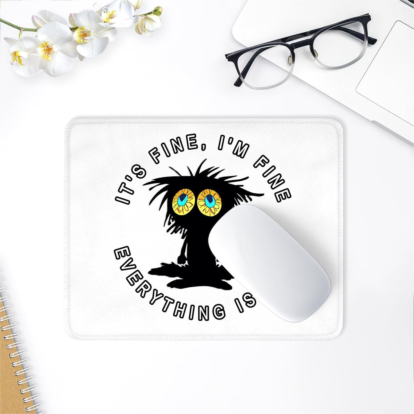 ITNRSIIET Mouse Pad with Stitched Edge Premium Textured Smooth Precise Operation Waterproof Washable Non-Slip Rubber Base Desktop Protection Mat, 10.2×8.3×0.12 inches, Funny Black Cat