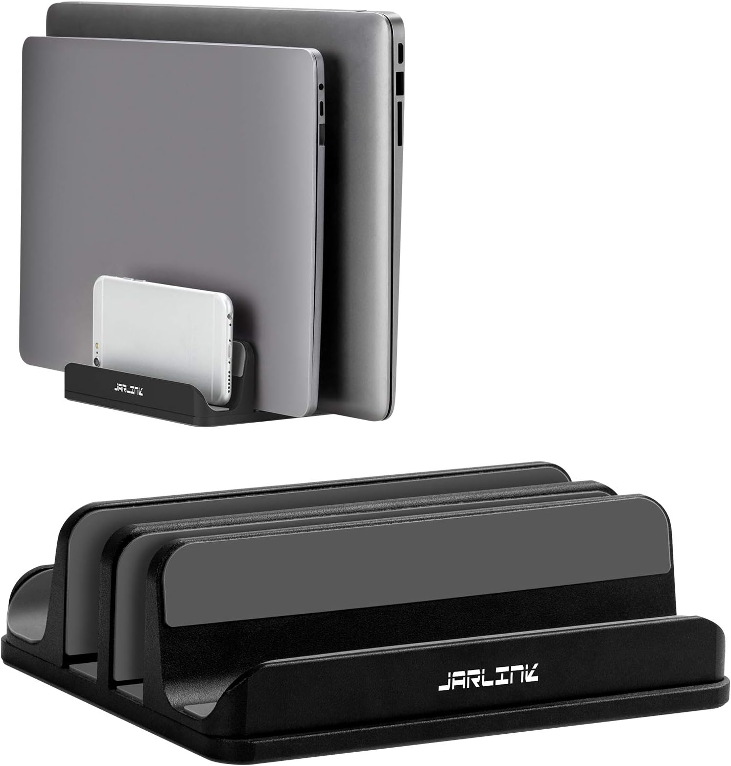 JARLINK 4-in-1 Adjustable Vertical Laptop Stand Holder, Aluminum Dual Slots Laptop Rack for Desk, Space-Saving Organizer Compatible with All MacBook, Surface, Chromebook, and Gaming Laptops (Black)