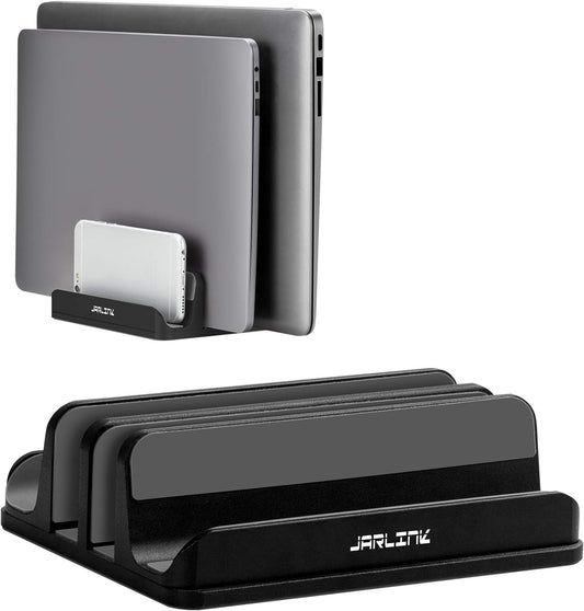 JARLINK 4-in-1 Adjustable Vertical Laptop Stand Holder, Aluminum Dual Slots Laptop Rack for Desk, Space-Saving Organizer Compatible with All MacBook, Surface, Chromebook, and Gaming Laptops (Black)