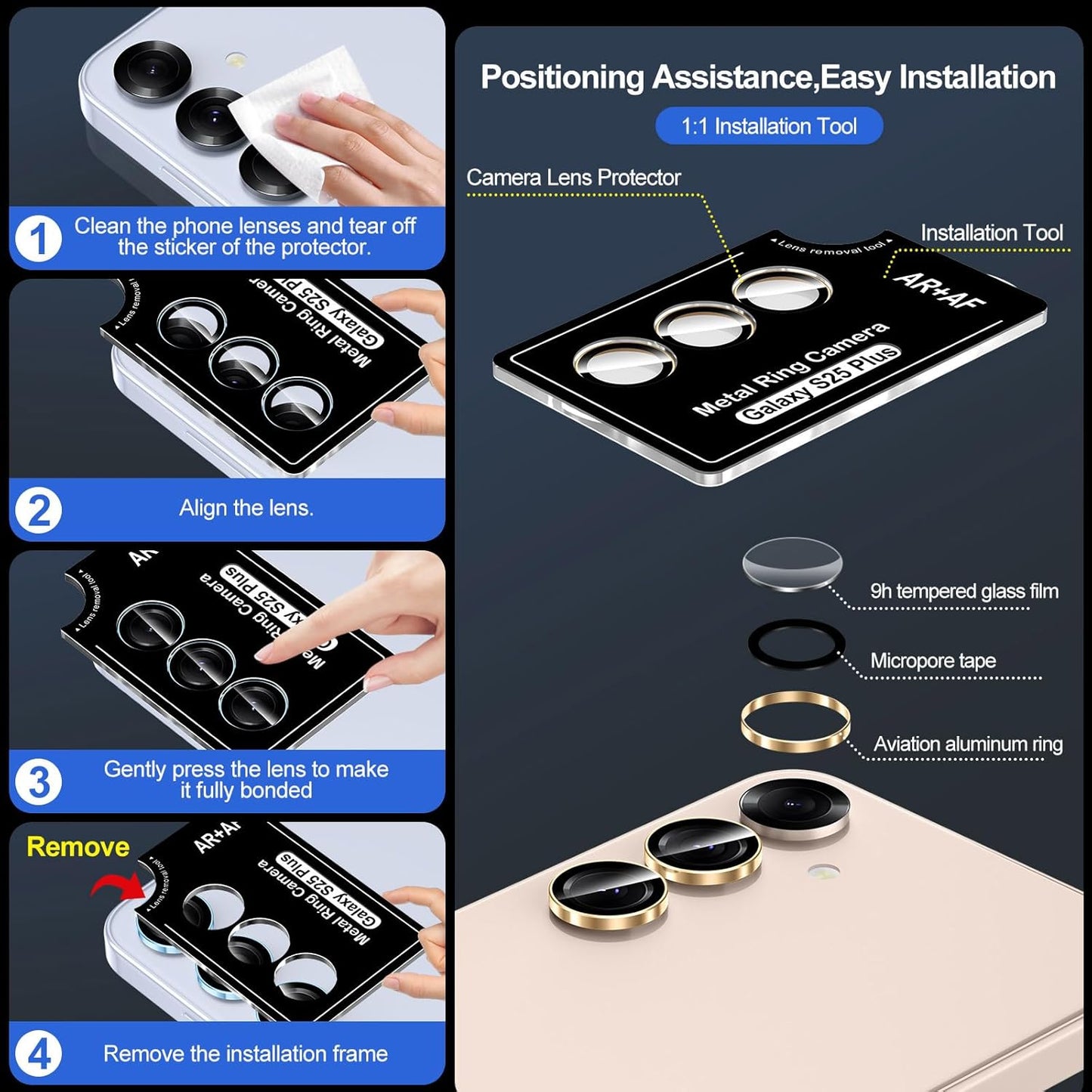 for Samsung Galaxy S25 Plus Camera Lens Protector, Individual Metal Ring Tempered Glass Lens Cover, [Strong Adsorption] Scratch Resistant Ultra-Thin HD Clear Lens Cover, 1 Set-Gold Ring