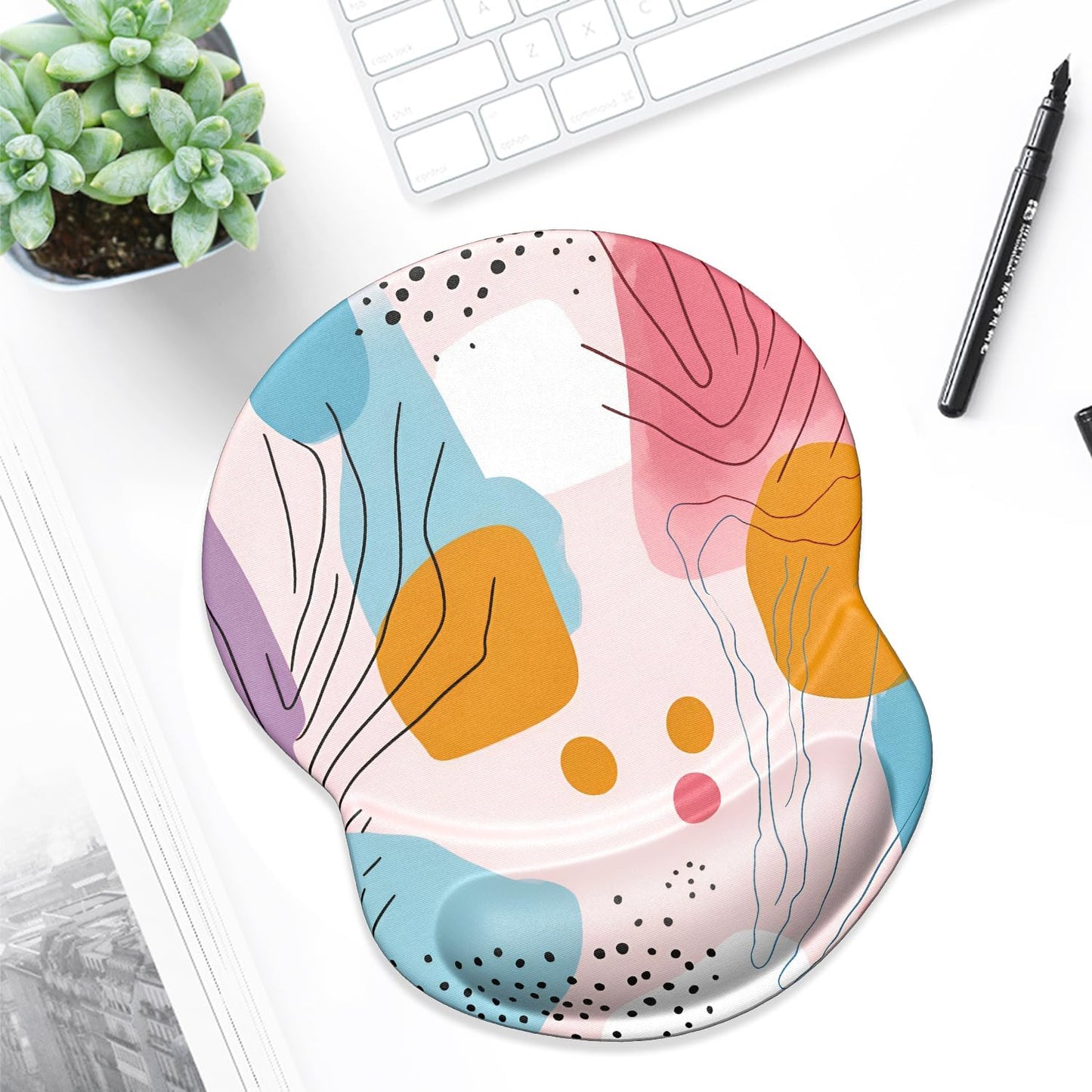 ITNRSIIET Ergonomic Mouse Pad with Gel Wrist Support Small Wrist Rest Smooth Surface Non-Slip PU Base Comfortable Office Supplies Pain Relief, 8.7 x 7.2 inches, Art Style Pattern