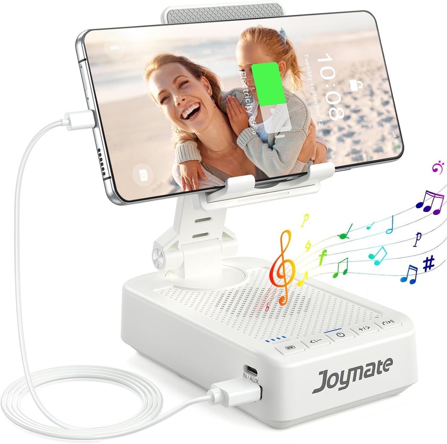 Gifts for Men Women, Bluetooth Speaker Phone Stand with Charging Function 360° Rotable Adjustable Cell Phone Holder HD Surround Sound for Desk Fits All Phones,Tablet (White)