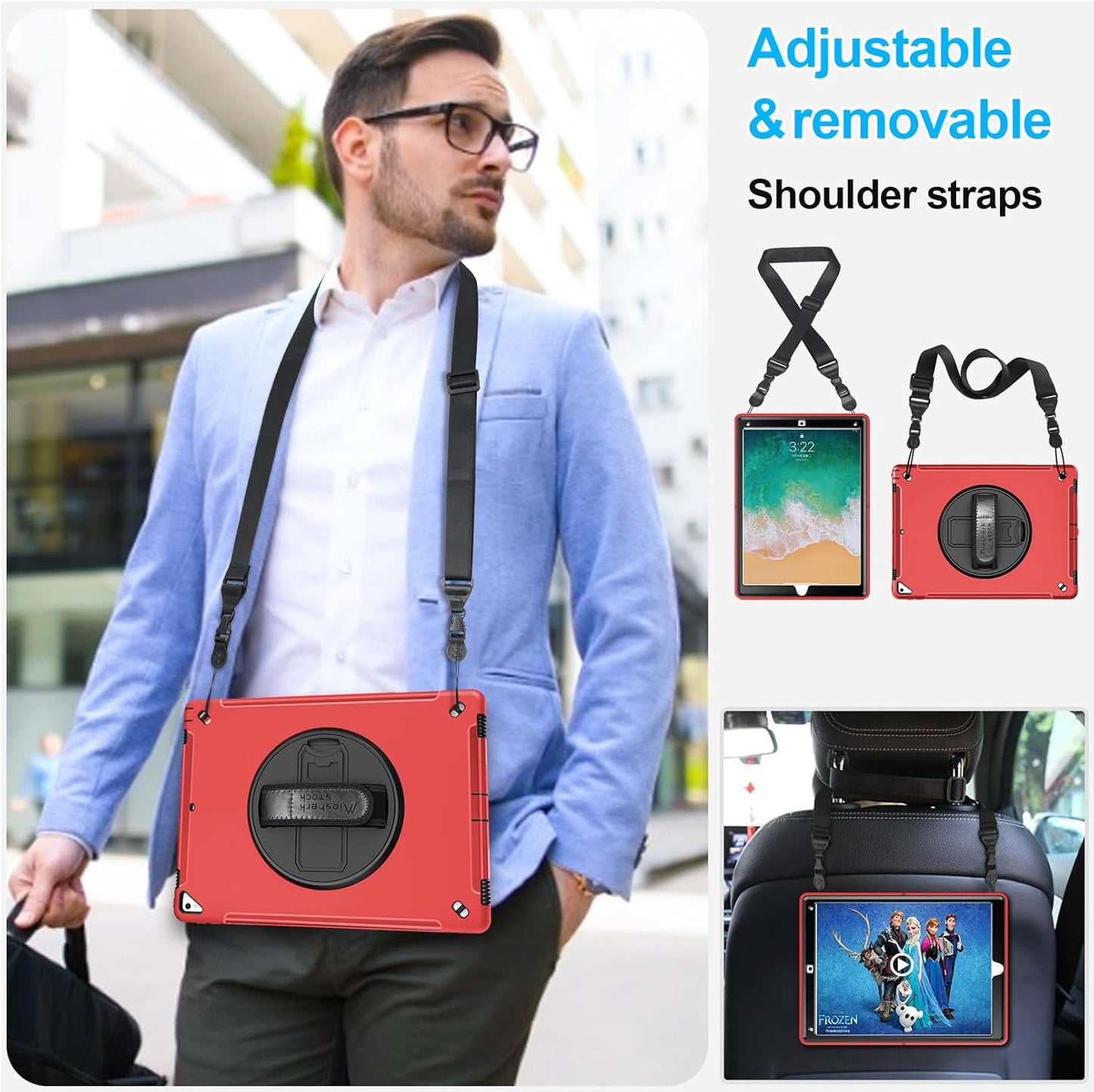 Case for iPad Pro 12.9 2nd Generation 2017& 2015 1st Generation, Heavy Duty Rugged TPU Protective Cover W/Screen Protector- 360° Rotatable Stand + Handle Hand & Shoulder Strap + Pencil Holder- Red
