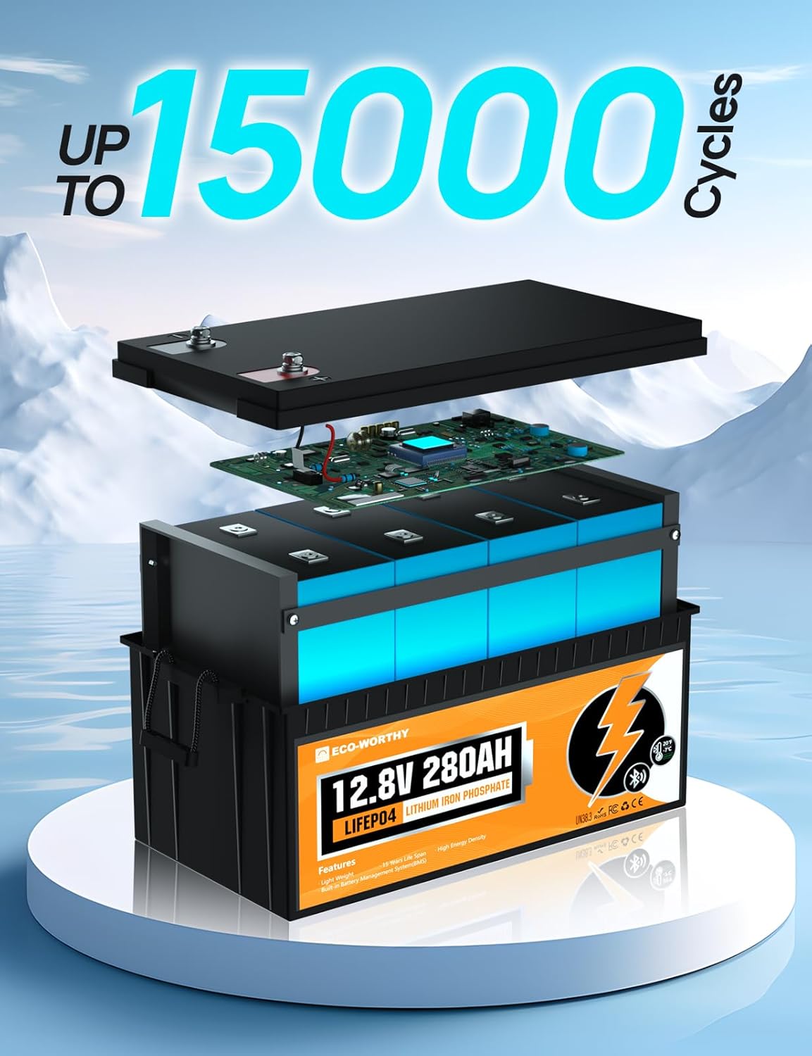 ECO-WORTHY 48V 280Ah (4 Packs) LiFePO4 Lithium Battery with Bluetooth, Low-Temp Protection, 6000+ Deep Cycles, 14.34kWh Energy, for RV, Off-Grid, Solar Power System, Home Backup, Back up Power, Marine
