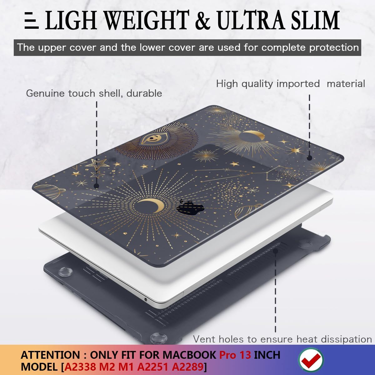 CISSOOK Case for MacBook Pro 13 Inch 2025-2020 Release Model M2 Chip A2338 M1 A2251 A2289, Black Style Hard Cover with Keyboard Cover for M2 MacBook Pro 13 with Touch Bar，Moon Star