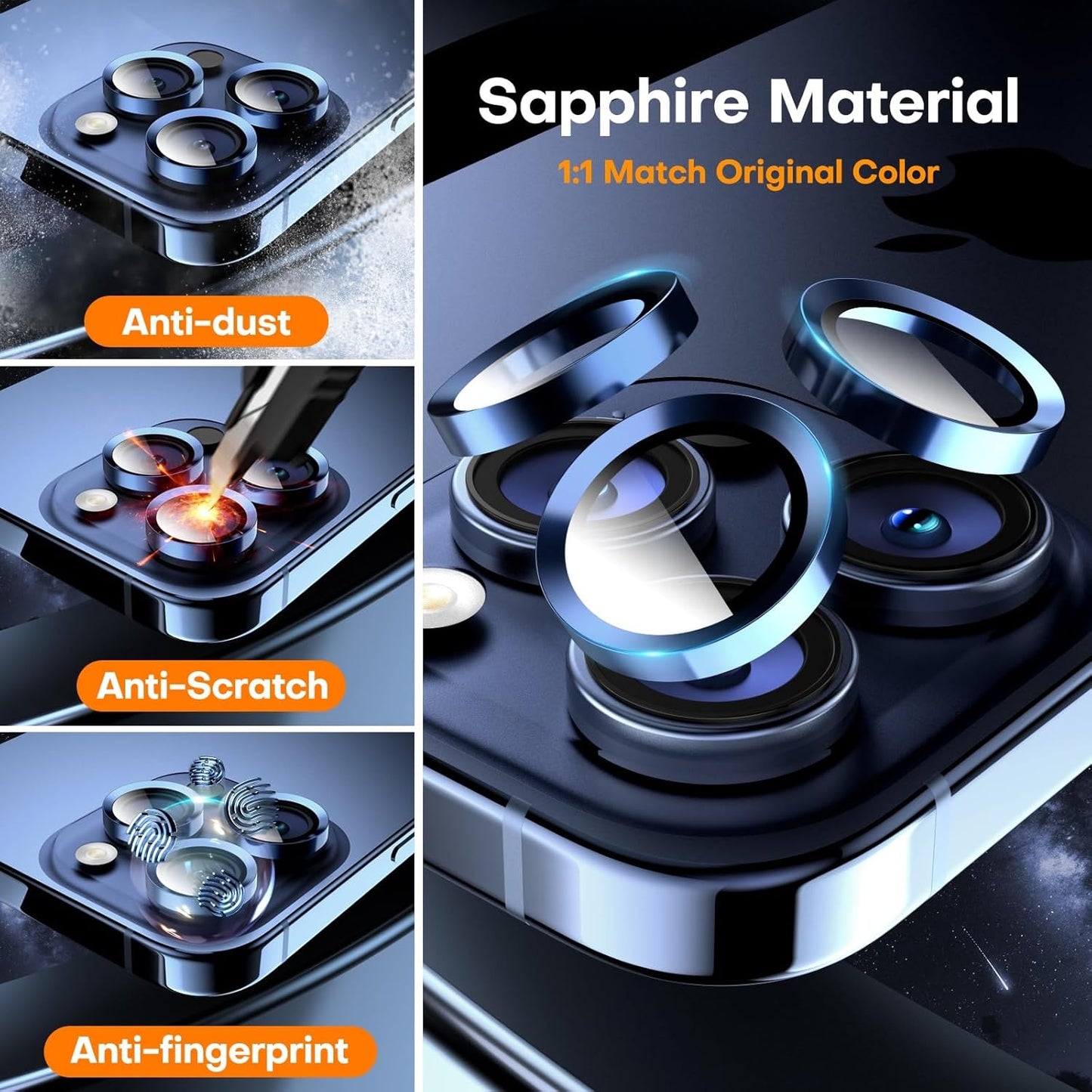 Camera Lens Protector for iPhone 16 Pro Max/16 Pro/15 Pro Max/15 Pro/14 Pro Max/14 Pro, Sapphire Glass Metal Individual Camera Cover Screen, Anti-drop, Case Friendly- Blue Titanium