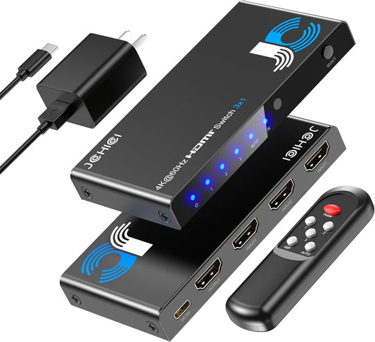 HDMI Switch 3 in 1 Out, 4K@60Hz Switcher, Auto-Switching HDMI 2.0 Switcher with Remote, HDCP 2.2/HD R/3D, Works with PS5/PS4/Switch/Xbox/PC