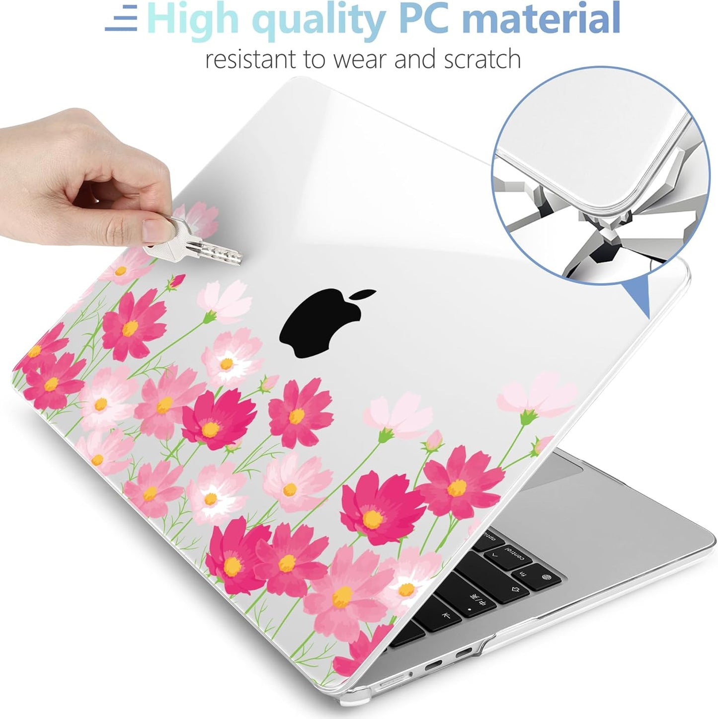 MEEgoodo for M4/M3/M2 MacBook Air 15.3 inch Case 2025 2024 2023, Case Fit Model (A3241/A3114/A2941) for MacBook Air 15 inch, Laptop Hard Shell with Keyboard Cover, Bright Pink Flowers