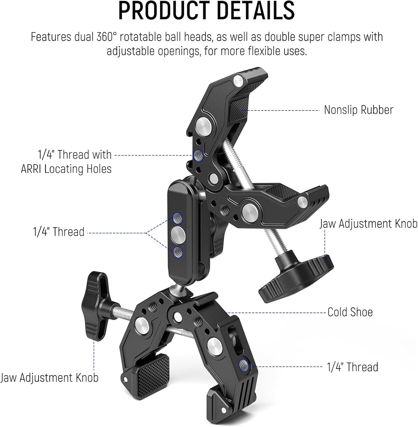 NEEWER Double Super Clamp Camera Mount with Magic Arm, Cold Shoes for Desk Studio Light Stand Holder Photography Reflector, Flag, Cross Bars, Motorcycle, Umbrella, Pole Stick Shoot Accessories Tools