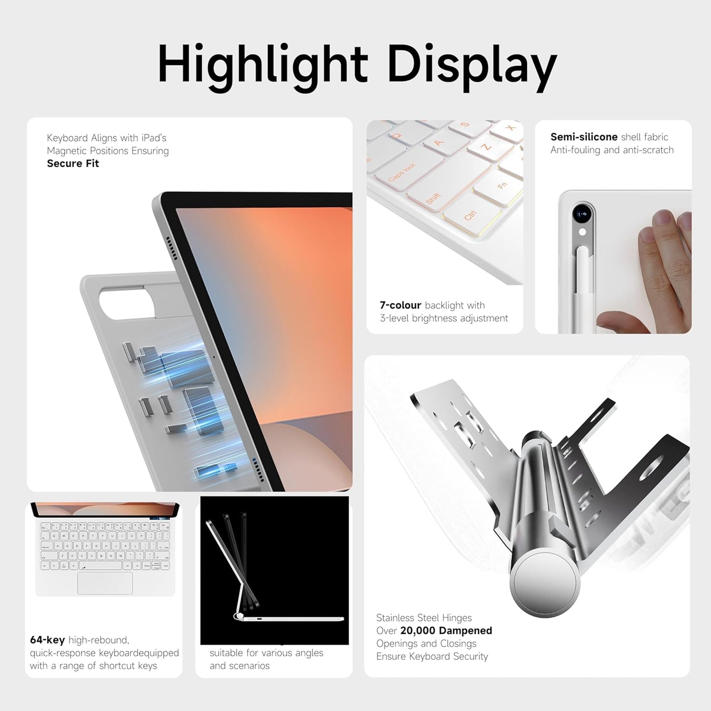 Keyboard Case for 12.4-inch Samsung Galaxy Tab S10+ Plus/S9+ Plus/S9 FE+ Plus/S8+ Plus/S7FE/S7+ Plus, 7 Colour Backlit, Multi-Touch Trackpad, Floating Magnetic Design, Battery Display, White