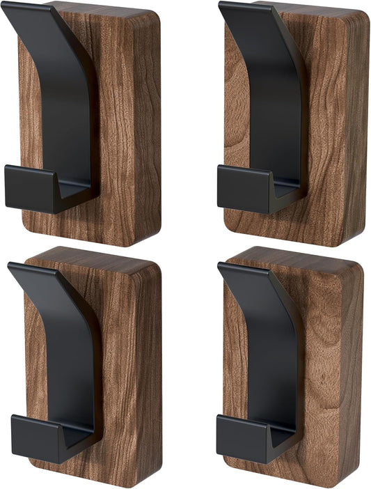 4 PCS Black Walnut Wood Wall Hooks Adhesive Mounted & Wall Mounted Rustic Decorative Entryway Hooks Mid Century Modern Natural Wooden Pegs for Hanging Coat Clothes Hat Bag Purse and Towel