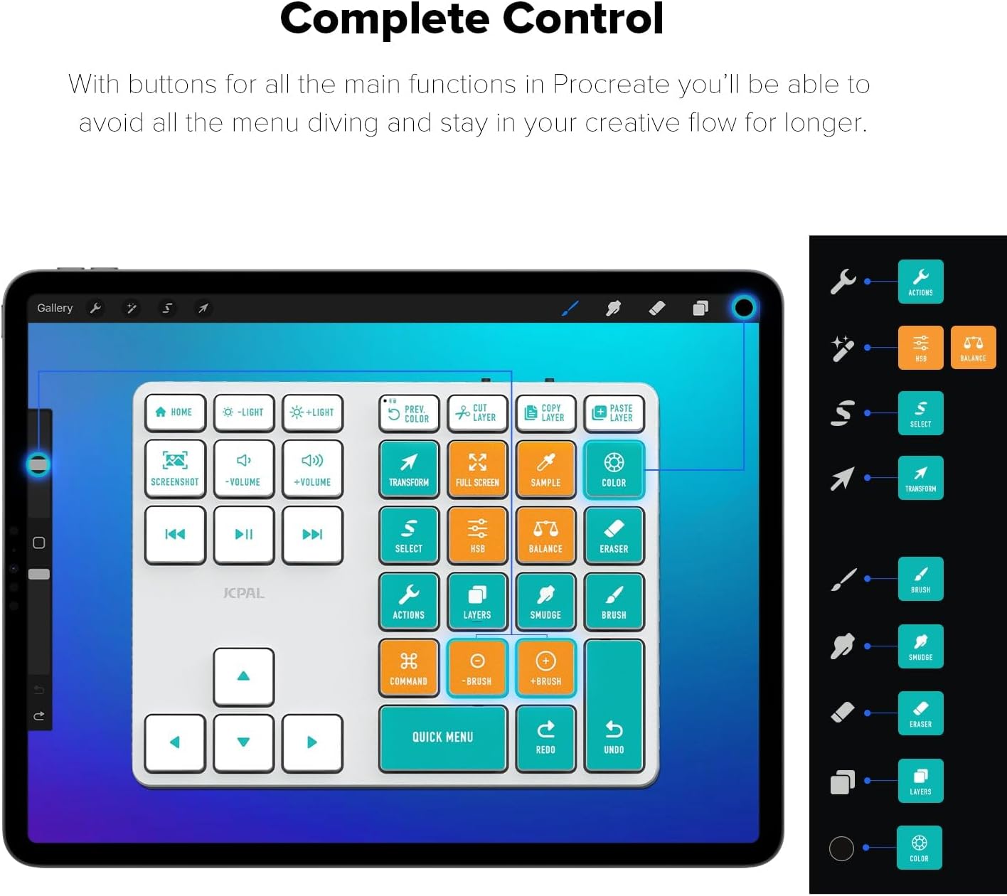 JCPAL ProGuide Wireless Keyboard for Procreate - Bluetooth Rechargeable Macro Pad Mini Keyboard for iPad Procreate with 35 Color-Coded Buttons