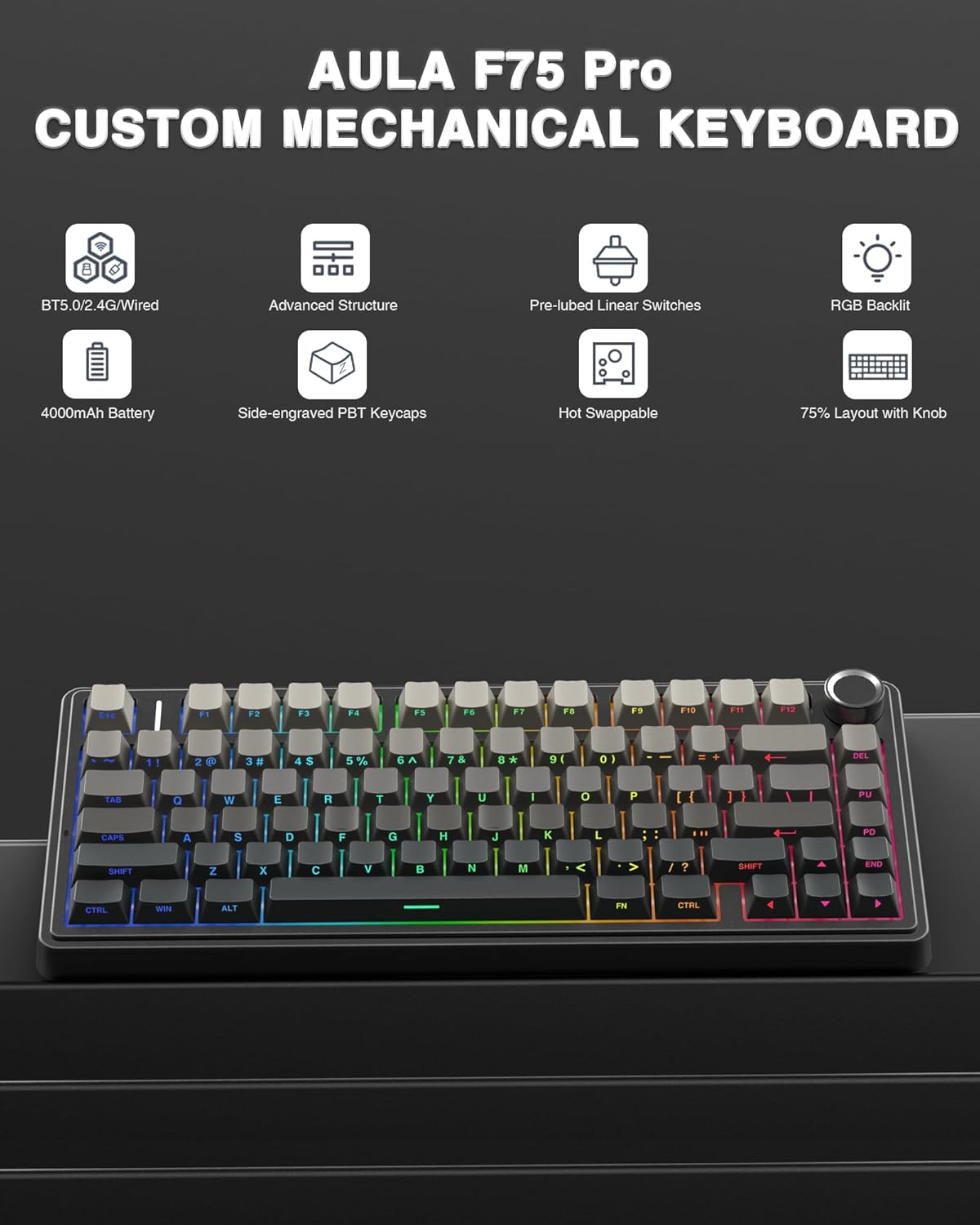 AULA F75 Pro Wireless Mechanical Keyboard,75% Hot Swappable Custom Keyboard with Knob,RGB Backlit,Pre-lubed Reaper Switches,Side Printed PBT Keycaps,2.4GHz/USB-C/BT5.0 Mechanical Gaming Keyboards