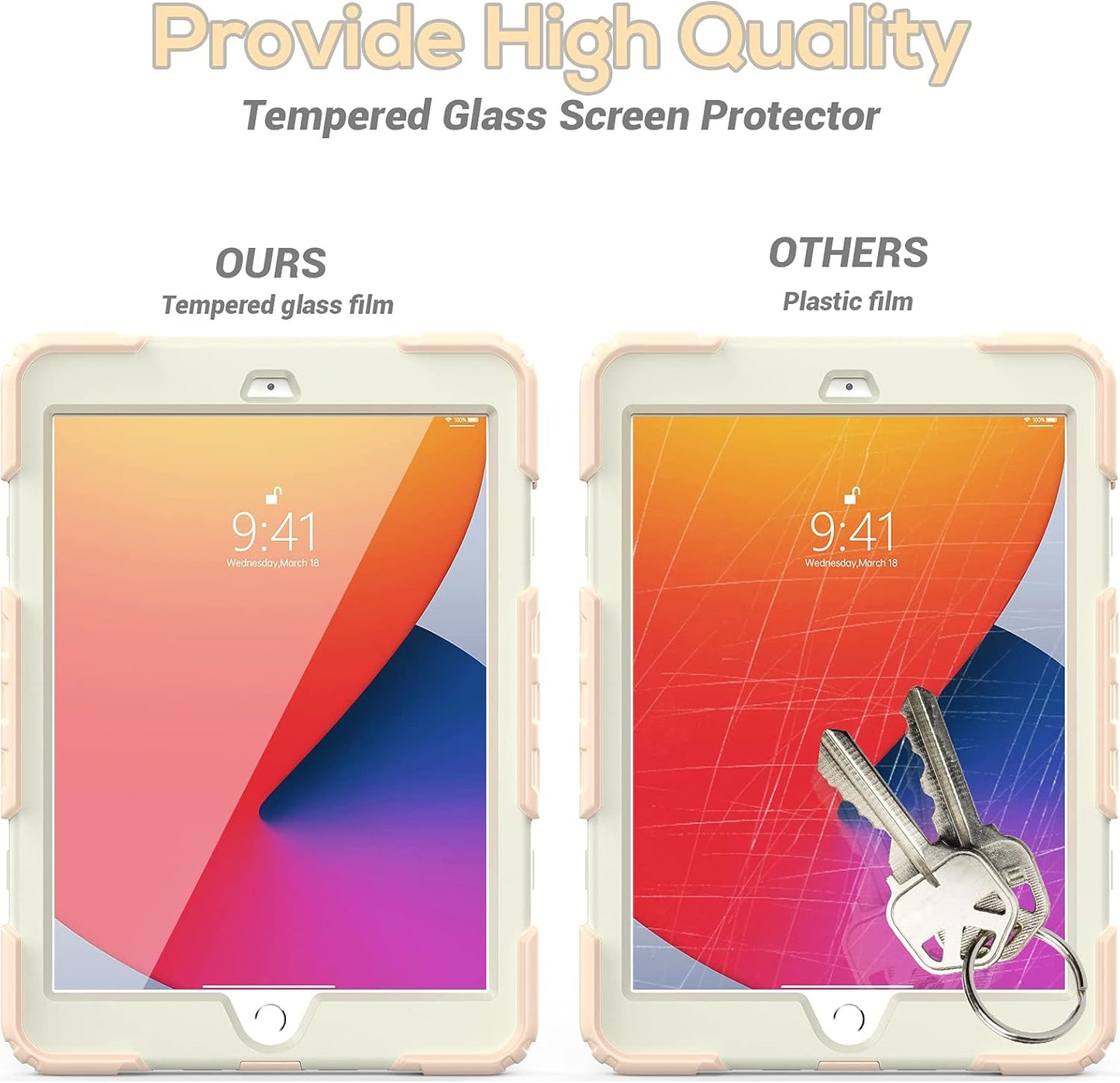 BLOSOMEET Girls Cute Case for iPad 9th Generation 2021 10.2 Inch with Tempered Glass Screen Protector & Pen Holder,KidsProof iPad 8th/7th Gen 2020 2019 Cover w/Kickstand Handle Shoulder Strap,RoseGold