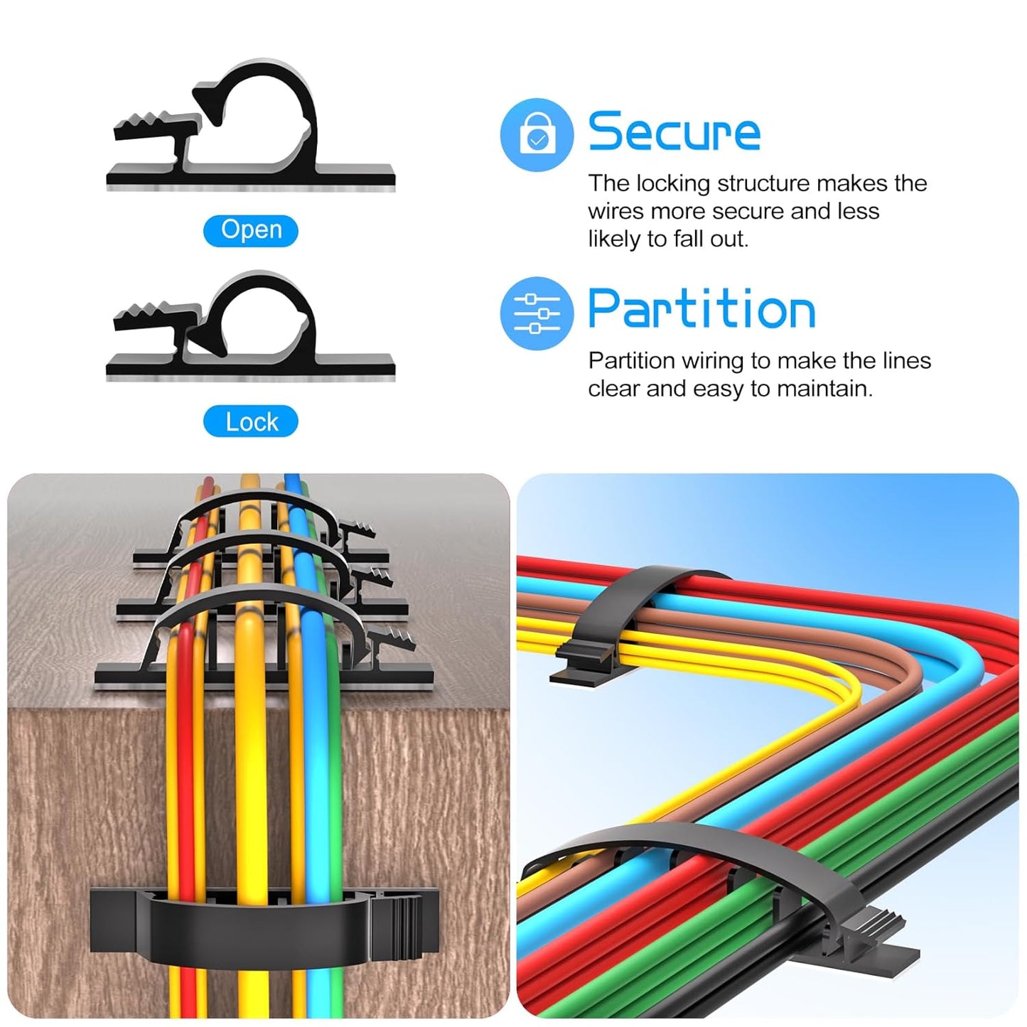 XHF 30pcs Adhesive Cable Wire Clips Kit Black, Outdoor Cable Management Wire Organizer Cord Holder for Under Desk, Car, Wall, TV PC Ethernet Cable